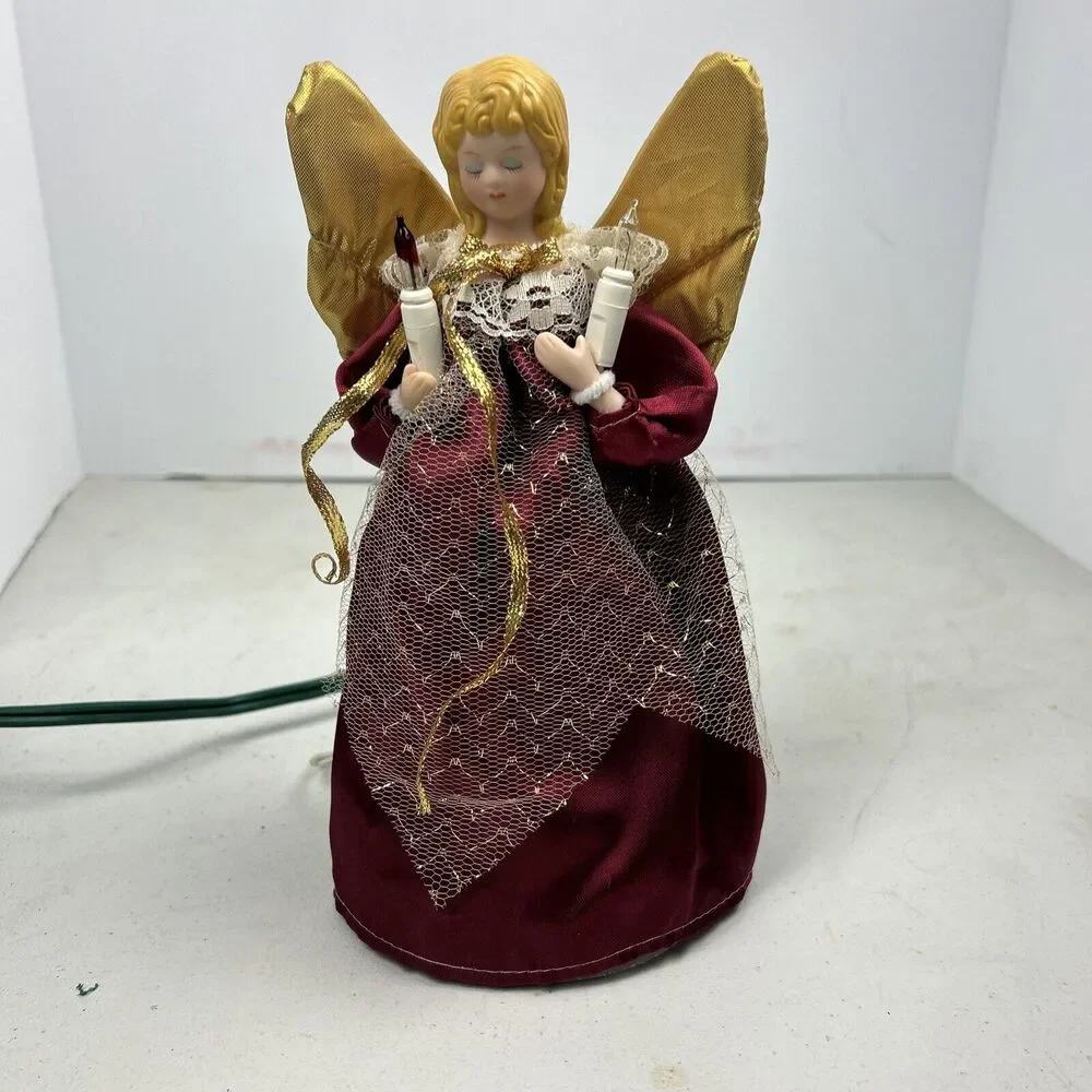 Vintage Angel Christmas Tree Topper Lighted Flashing Bisque Face‎ Red dress 9”